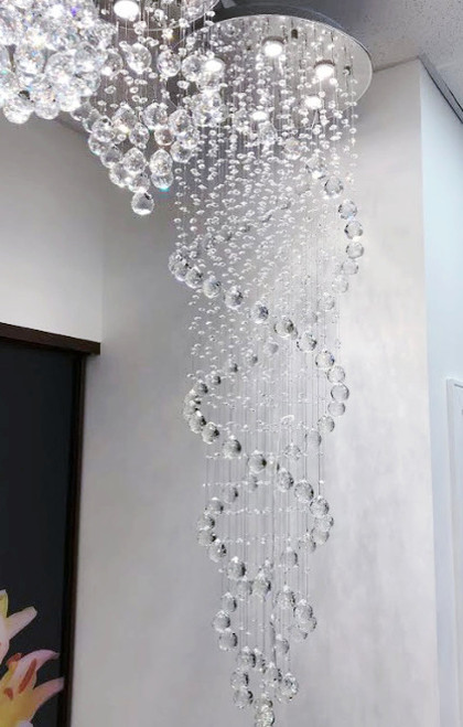 spiral raindrop polished chrome 6 light high ceiling staircase modern crystal ceiling chandelier flush mount lighting fixture MC41555 for staircase high ceiling entryway foyer with high ceiling free shipping across Canada Montreal Quebec