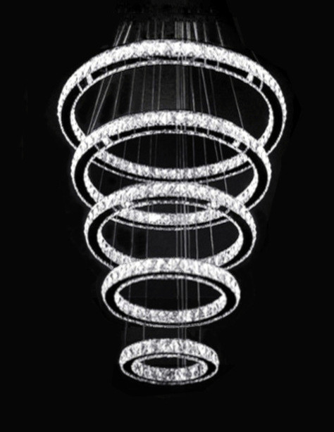 5 ring integrated LED circular polished chrome adjustable height high ceilings staircase modern crystal pendant chandelier lighting fixture LDM29700 for sloped vaulted ceiling, high ceiling staircase foyer with high ceiling free shipping across Canada Montreal Quebec