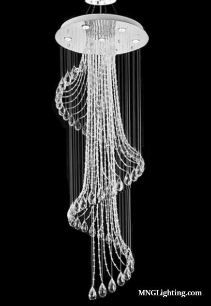 Spiral modern crystal pendant chandelier light fixture MC15207-S for staircase, foyer, high-ceiling, sloped vaulted ceilings, free shipping across Canada, Montreal, Quebec