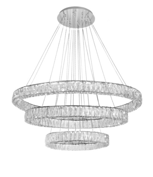 3 ring circular polished chrome integrated led modern crystal pendant chandelier lighting fixture LDE20070 for high ceiling staircase dining room living room foyer sloped vaulted ceiling free shipping across Canada Montreal Quebec
