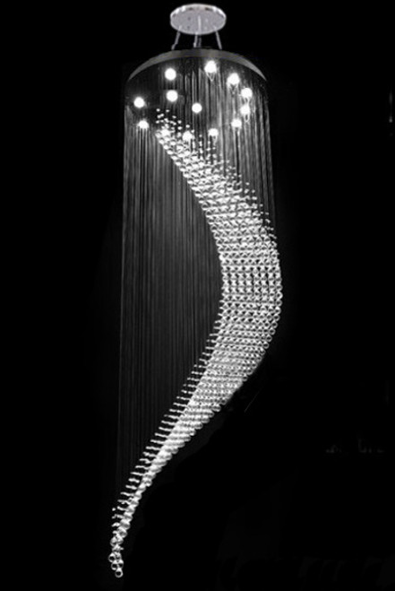 spiral wave raindrop 9 light polished chrome adjustable height  modern crystal pendant chandelier lighting fixture MC80261-S for entryway high ceiling staircase foyer with high ceiling sloped vaulted ceiling free shipping across Canada Montreal Quebec