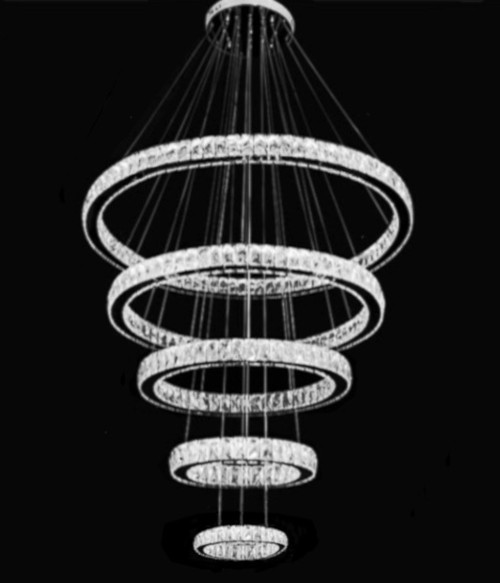 5 ring integrated LED long large polished chrome high ceilings staircase modern crystal pendant chandelier lighting fixture with adjustable height LDN29900 for high ceiling sloped vaulted ceiling staircase entryway with high ceiling foyer free shipping across Canada Montreal Quebec