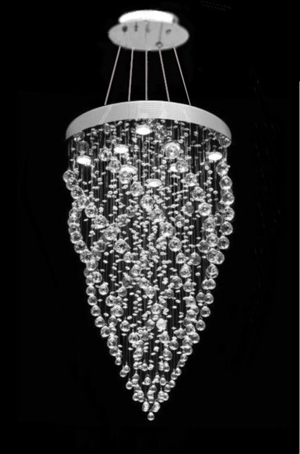 spiral rain drop modern crystal pendant light fixture for entrance, staircase, entryway, foyer, high ceilings, sloped vaulted ceilings, dining room with sloped vaulted ceilings,  living room with sloped vaulted ceilings