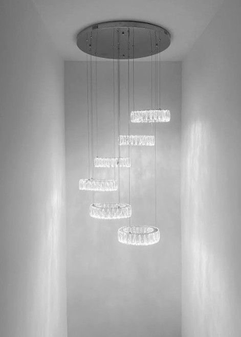 6 ring flush mount polished chrome integrated led modern crystal pendant chandelier lighting fixture LDE20510 for staircase entryway high ceiling foyer dining room bedroom with high ceiling free shipping across Canada Montreal Quebec