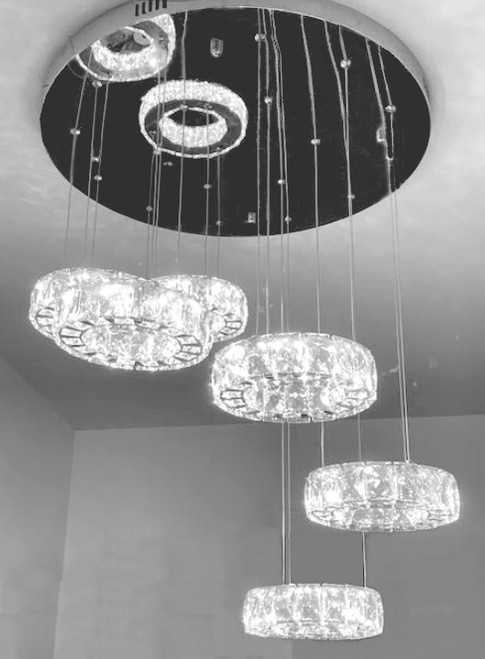 Modern LED dining room living room staircase 6-ring integrated LED flush mount polished chrome adjustable height spiral modern crystal chandelier light fixture LDE22260 for high ceiling, entryway, staircase, dining room, living room, foyer, online sale, free shipping across Canada, Montreal, Quebec