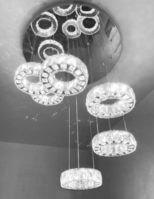 6 ring integrated LED flush mount polished crome adjustable height spiral staircase foyer modern crystal pendant chandelier lighting fixture LDE22260 for high ceiling entryway staircase foye online sale free shipping across Canada Montreal Quebec