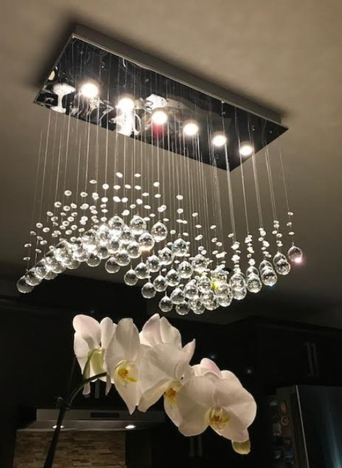 rectangular wave raindrop polished chrome 6 light modern crystal chandelier lighting fixture MC18714 for dining room over kitchen island free shipping across Canada Montreal Quebec