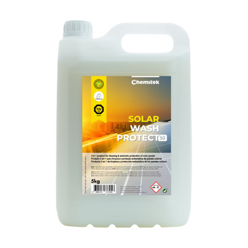 Solar Wash Protect (SWP) Concentrated Antistatic Cleaning and Protection Agent for Cleaning Organic Dirt on Photovoltaic Solar Panel Modules.