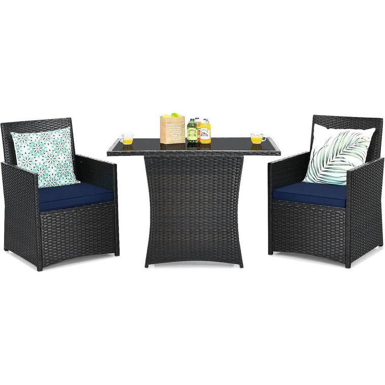 3-Piece Patio Furniture Outdoor Dining Set Brown PE Rattan Navy Blue Cushions Q280-BLMBTPDS198974721
