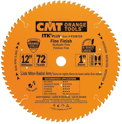 CMT P12072S ITK Plus Finish 12-in 72-Teeth 1-In-Bore Sliding Compound Saw Blade