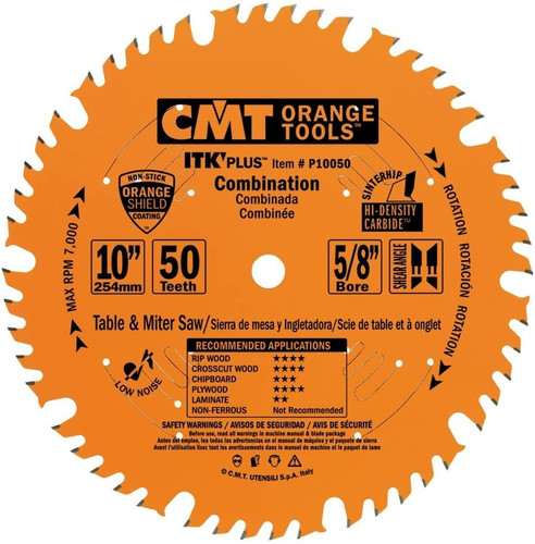 CMT P10050 ITK Plus 10-inch 50-Teeth 1FTG+ 4ATB 5/8-Bore Combination Saw Blade