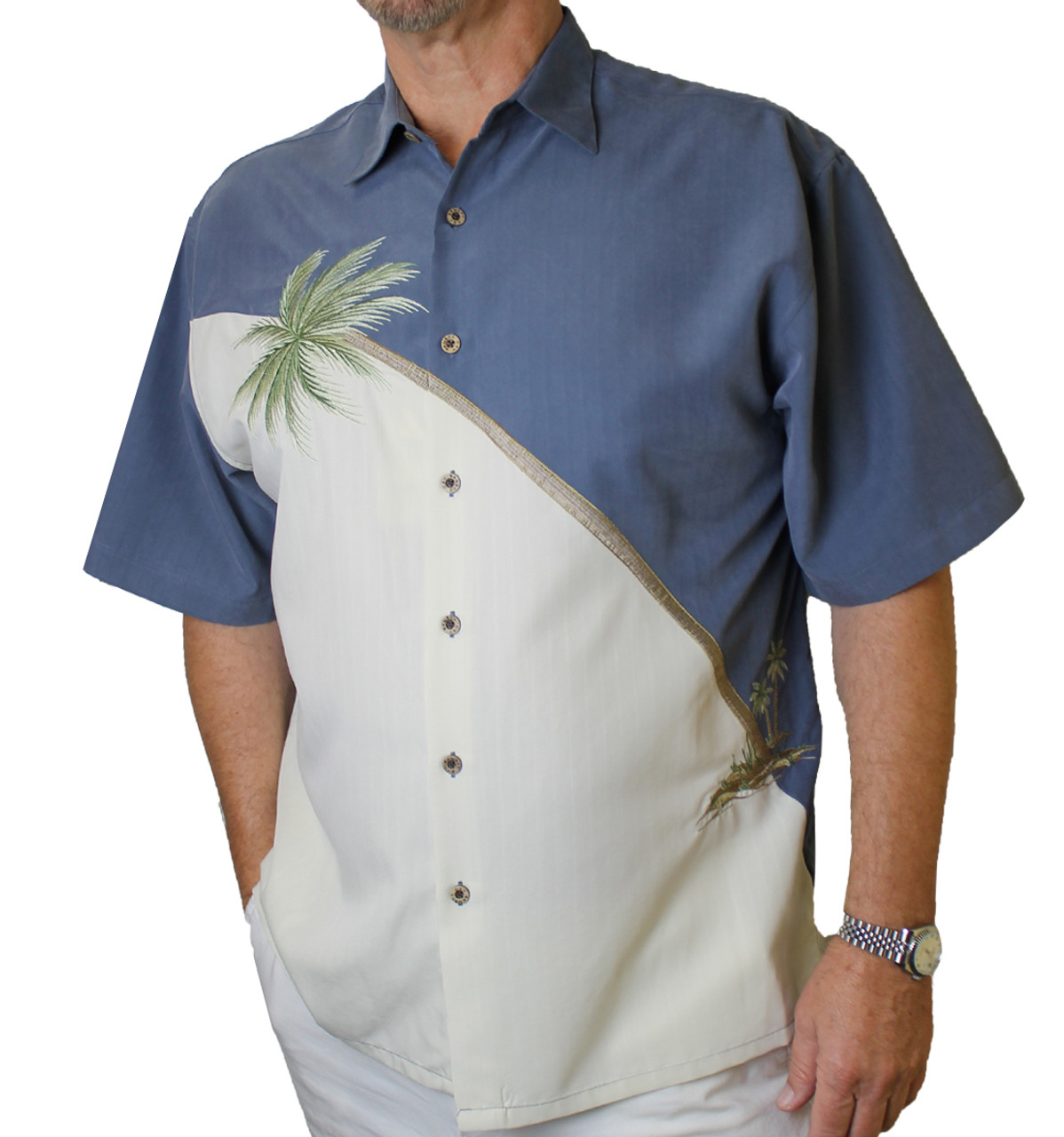 Hurricane Palm Embroidered Polynosic Camp Shirt by Bamboo Cay - Infra Blue  WB80R
