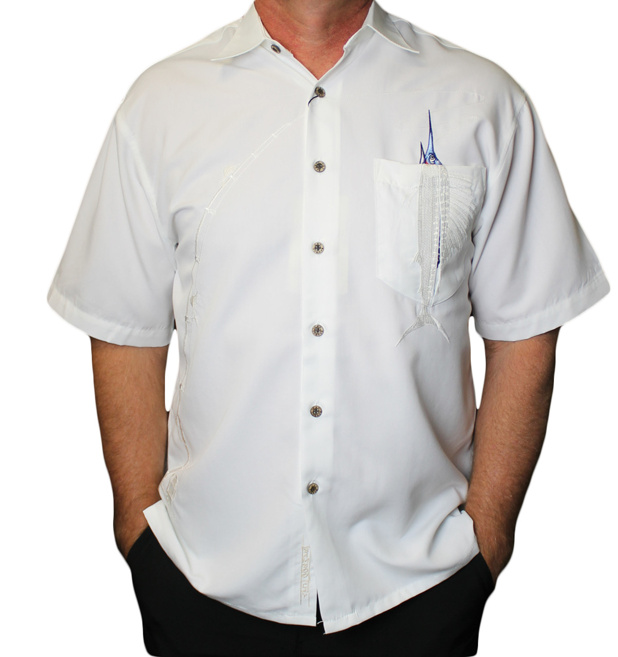 Shake the Hook Embroidered Camp Shirt by Bamboo Cay - WB871 -Off Wht