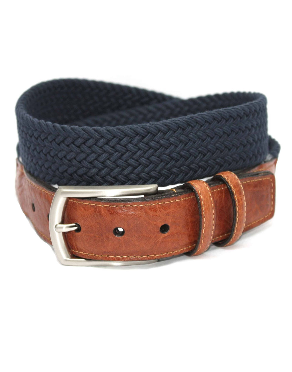 Italian Woven Cotton & Leather Belt in Navy/Brown by Torino