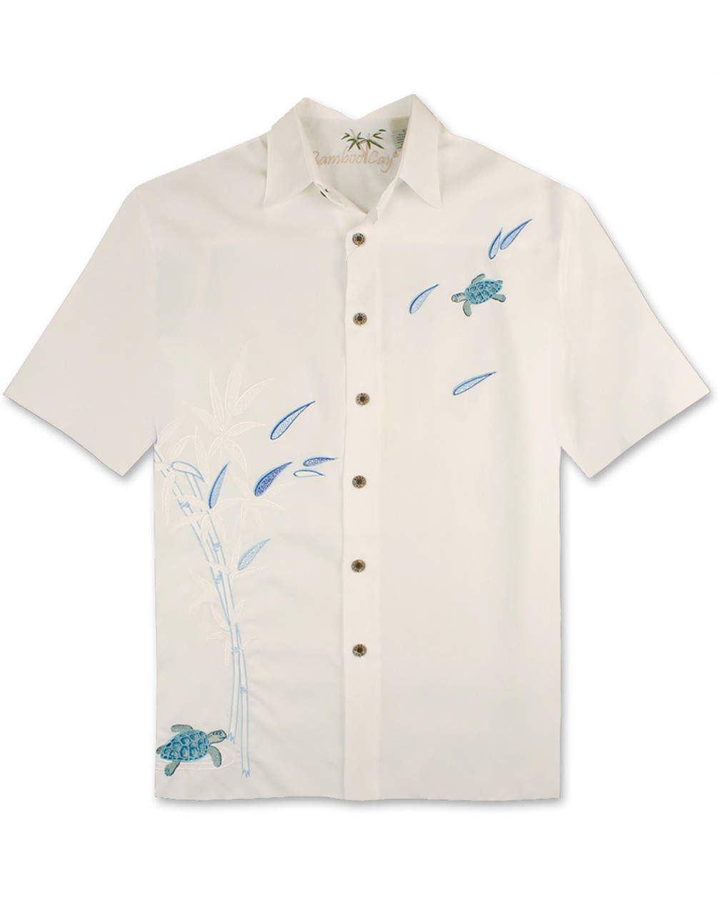 Bamboo Cay | Turtles On The Loose Embroidered Camp Shirt WB2103 Off White Med