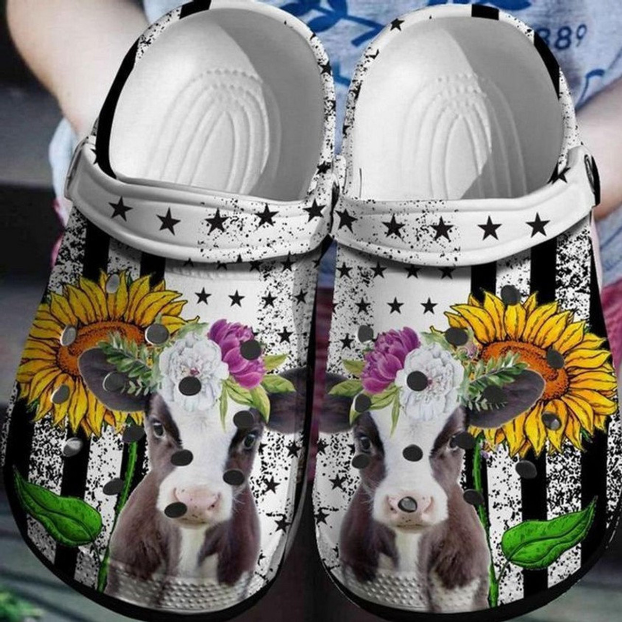 floral cow crocs