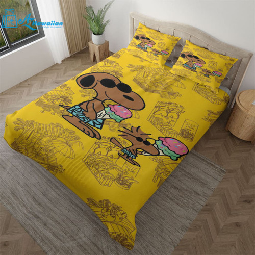 Snoopy And Woodstock Cream Hawaiian Peanuts Cartoon Fan Gift,Snoopy Hawaiian Duvet Quilt Bedding Set, Model Az3539