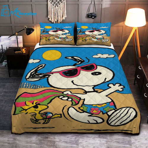 Snoopy And Woodstock Vacation Summer Peanuts Cartoon Fan Gift,Snoopy Hawaiian Duvet Quilt Bedding Set, Model Az3540