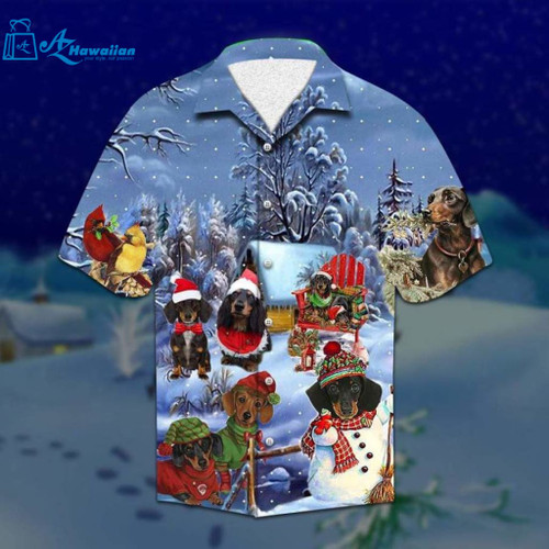 Hawaiian Aloha Shirts Dachshunds Through The Snow Christmas, Model Az15749