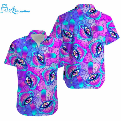 Hippie Neon Mushrooms Psychedelic Hallucination Aloha Hawaiian Shirts, Model Az17480