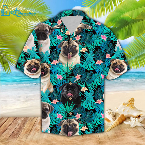 Pug Dog Lovers Tropical Hawaii Shirt Hawaiian Print 3D, Model Az52497