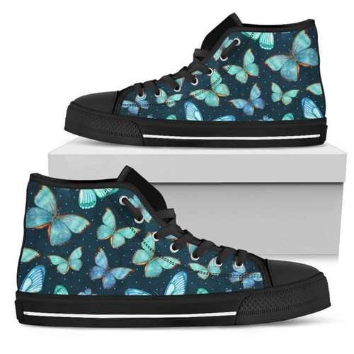 Watercolor Blue Butterfly Pattern Print Mens High Top Shoes
