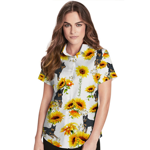 Australian Cattle Sunflowers Custom Name Women Hawaiian Shirt For Dog Lovers