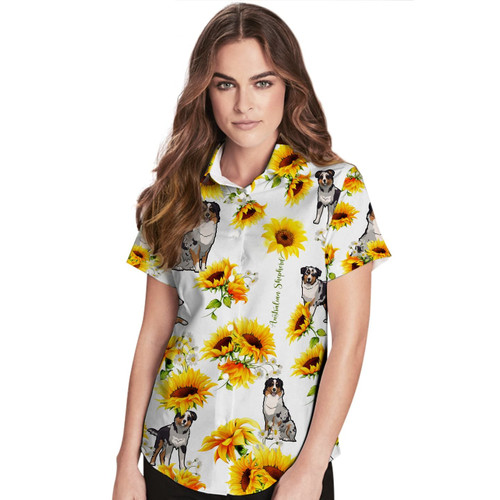 Australian Shepherd Sunflowers Custom Name Women Hawaiian Shirt For Dog Lovers