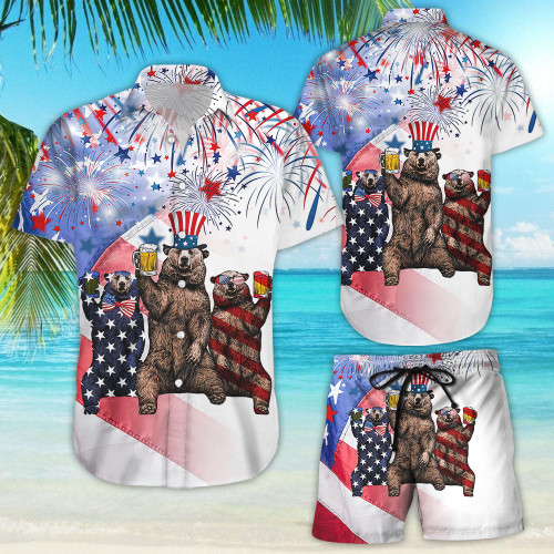 Bear In Hawaiian Shirt - Bear With Firework 4th Of July Independence Day Hawaii Shirt - Happy 4Th Of July Gift