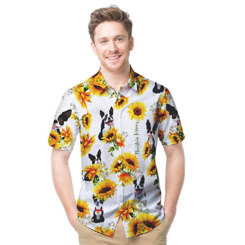 Boston Terrier Sunflowers Custom Name Men Hawaiian Shirt For Dog Lovers