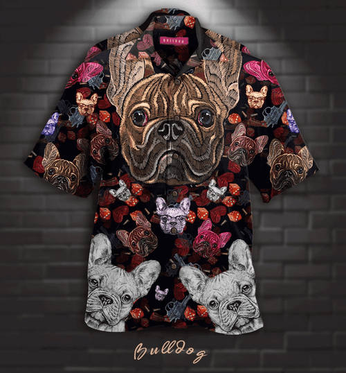 Bulldog Embroidery Hawaiian Shirt