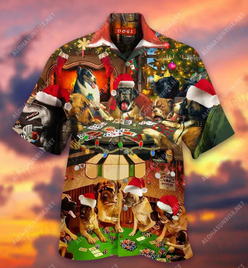Christmas Dogs Play Poker Short Hawaiian Shirt Vacation Tropical Shirts Tropical Shirts For Men Crazy Shirts Hawaii