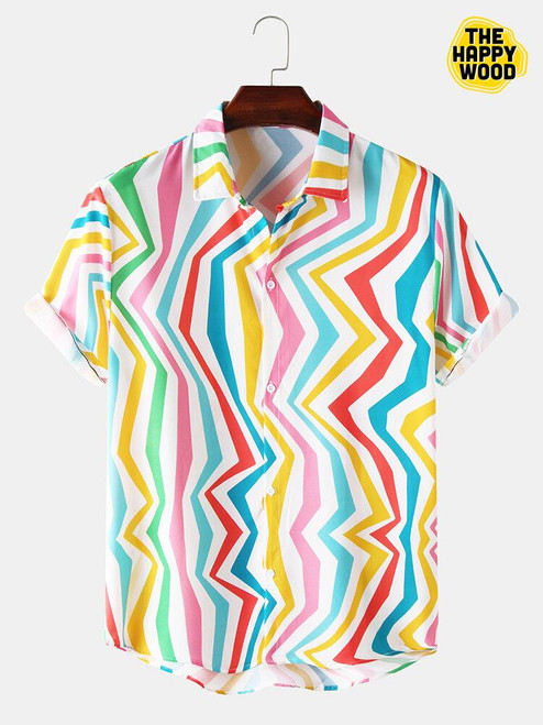 Colorful Irregular Striped Print Hawaiian Hawaii Shirt