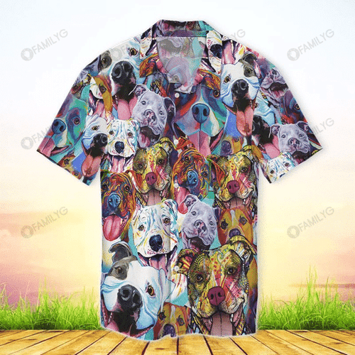 Colorful Pit Bull Dog - Matching Dog and Owner Hawaiian Print Shirts