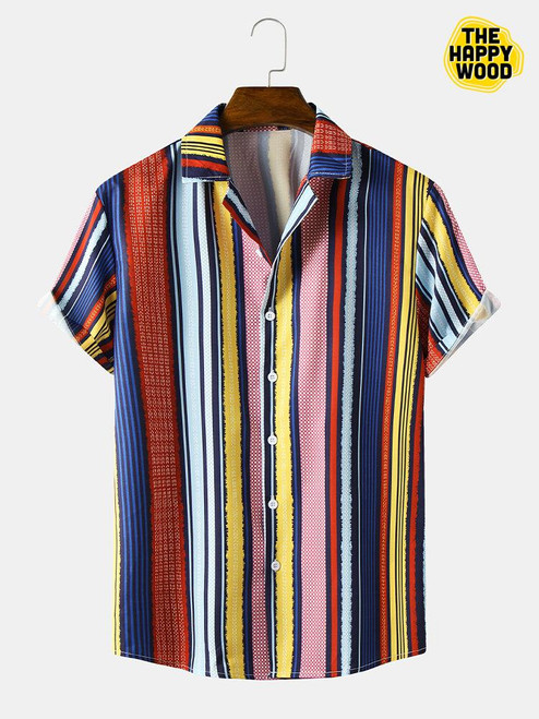Colorful Striped Mix Print Hawaiian Hawaii Shirt