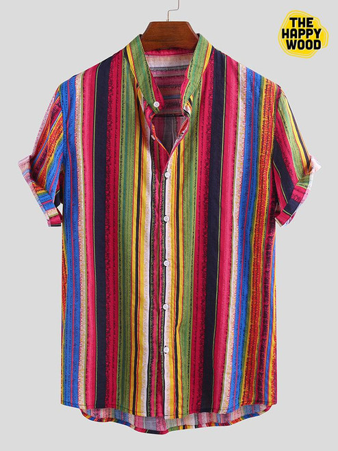 Cotton Ethnic Colorful Striped Hawaiian Hawaii Shirt