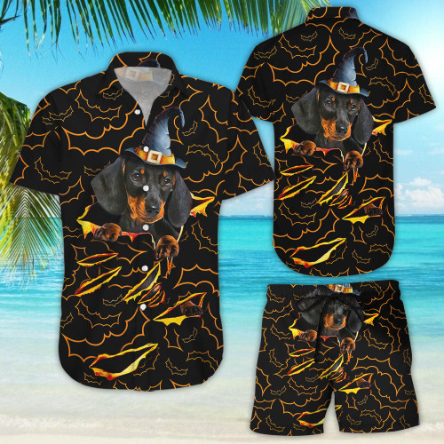 Dachshund Button Down Shirt - Dachshund Halloween Witch Pattern Hawaii Shirt - Dachshund Presents