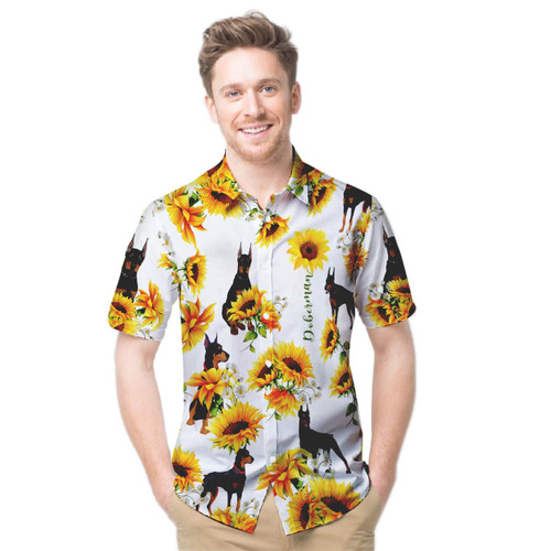 Doberman Sunflowers Custom Name Men Hawaiian Shirt For Dog Lovers