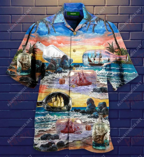 Happiness Is A Ship In A Bottle Short Hawaiian Shirt Vacation Aloha Shirt Hawaiian Crazy Shirts Funny Hawaiian Shirts