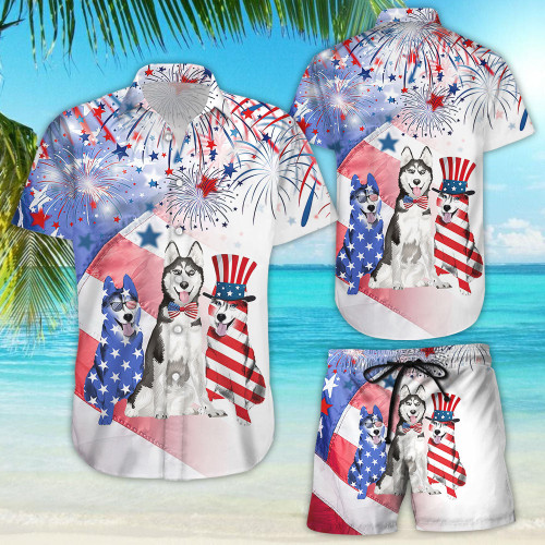 Husky Dog Shirts - Husky With Firework 4th Of July Independence Day Aloha Shirt - Husky Dog Gift Items