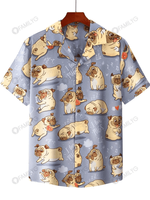 I Love Pugs Cute Dog - Matching Dog and Owner Hawaiian Print Shirts