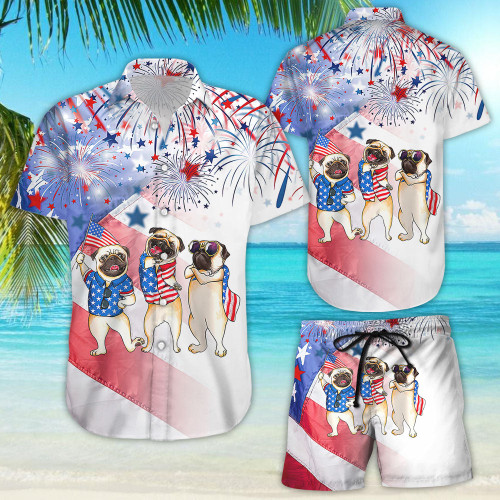 Pug 4Th Of July Shirt - Three Pug Dogs With Firework In 4Th Of July Day Hawaii Shirt - Cute 4Th Of July Gifts