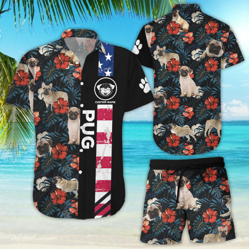 Pug Dog Hawaiian Shirt - Pug Dog American Flag Tropical Hawaiian Shirts - Gifts For Pug Owners