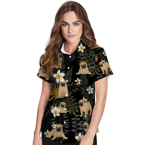 Pug Tropical Flowers Women Hawaiian Shirt For Dog Lovers