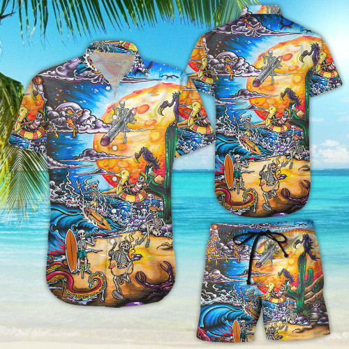 Skull Print Shirt - Funny Skull Beach Aloha Button Down Shirts - Skull Themed Gifts