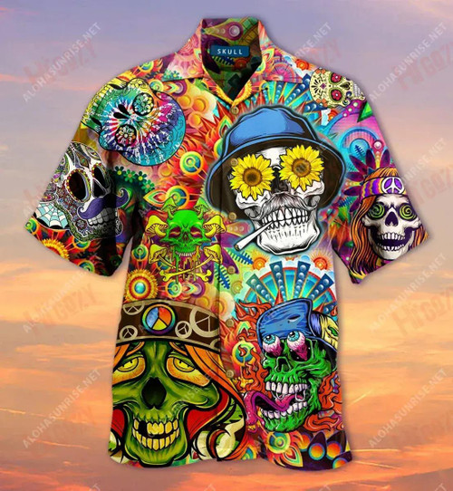 Skull Sunflower Smoking Hippie Get High Short Hawaiian Shirt Ocean Short Sleeve Tropical Shirts For Men Hawaiian Shirts For Women