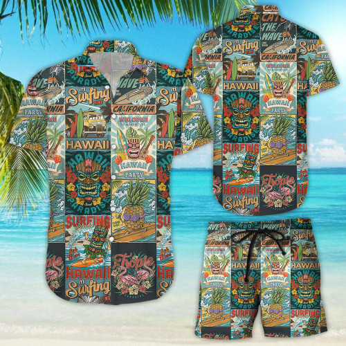 Surfing Hawaiian Shirt - Surfing Tiki Summer Party Vintage Hawaii Shirt - Beach Vacation Themed Gifts