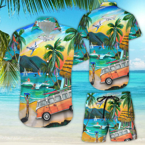 Surfing Hawaiian Shirt - Van Boat Airplane Surf Watercolor Summer Beach Hawaii Shirt - Hawaii Gift