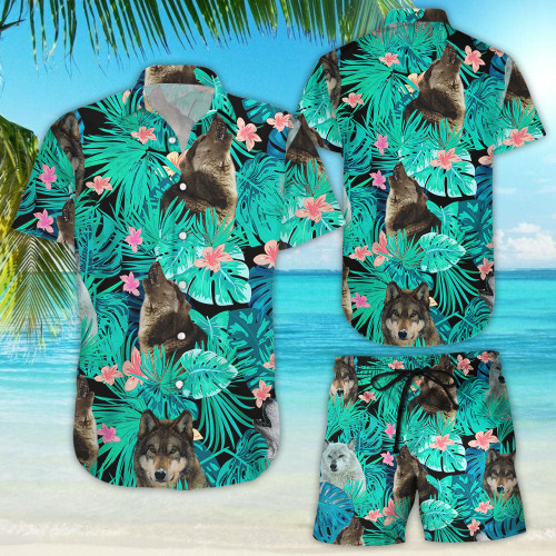 Wolf Hawaiian Shirt - Wolf Flower Tropical Button Down Shirt - Tropical Themed Gift Ideas