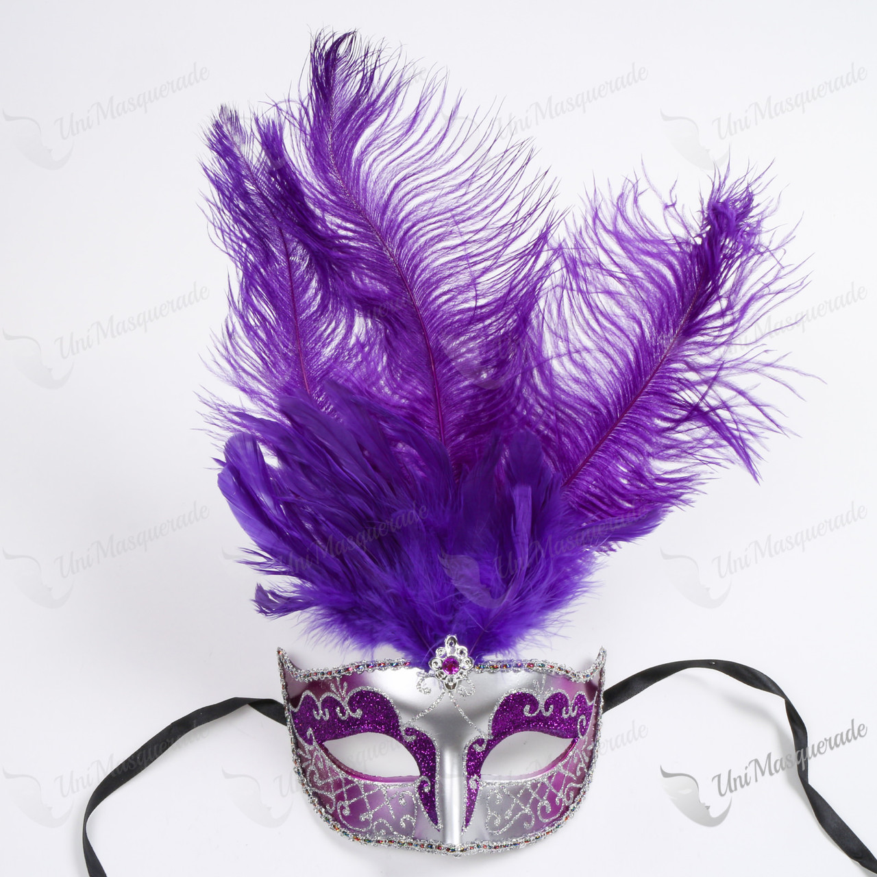 Venetian Glitter Crystal Masquerade Party Mask with Feather and Stick -  White Gold